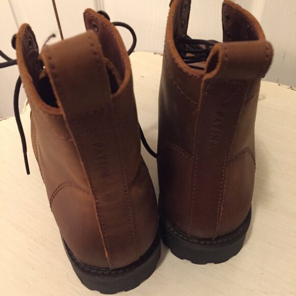 Patina  Brown Leather Lace-up Lug Boots Men's Size 10 Cap Toe LOOP PULL DETACHED - Picture 2 of 11